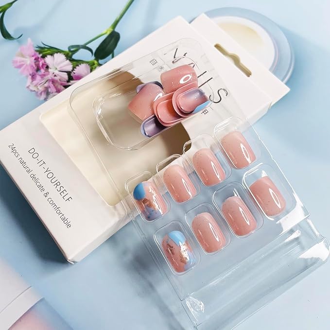 24Pcs Nude Blue Press on Short Square Fake Nails with Glitter Gold Foil False Nails Glossy Acrylic Artificial Short Glue on Nails for Women Girls DIY French Stick on Nails Decorations