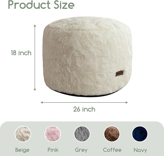 HIGOGOGO Pouf Stuffed Ottoman Round Modern Foam Filled Foot Rest Chair Decorative Poufs 26 x 18 Inches Fluffy Boho Comfy Stool for Living Room, Beige