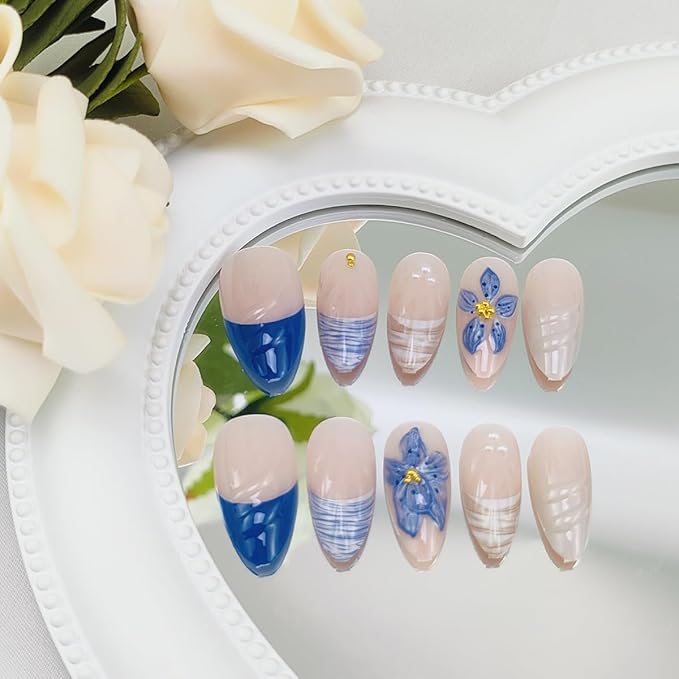 24Pcs Blue Flower Press on Nails Medium Almond Fake Nails with Pearl Water Ripple Designs French Tip False Nail Gold Beads 3D Flower Glue on Nail Summer Beach Stick on Nails for Women Girls
