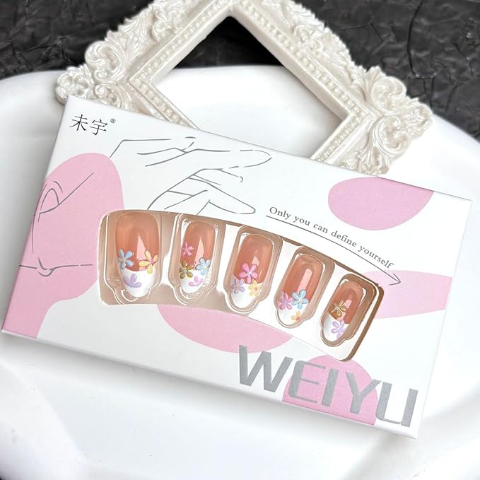 30Pcs White French Tip Press on Nails Medium Almond Fake Nails Nude Pink False Nails with Colorful Flower Designs Glossy Cute Acrylic Nails Full Cover Artificial Nails Summer Stick on Nails for Women