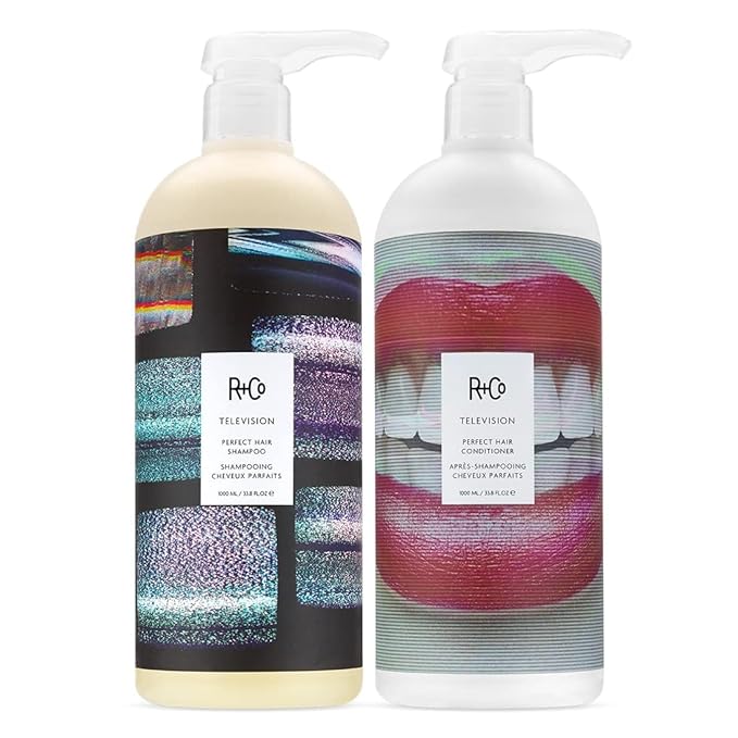 R+Co Television Perfect Hair Shampoo & Conditioner Set + Deluxe Sample (0.5oz) | Smooths, Adds Shine & Volume | Vegan + Cruelty-Free | 33.8oz (Pack of 2)