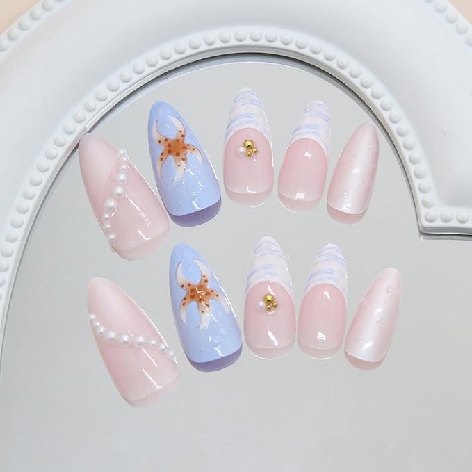 24Pcs Blue French Tip Press on Nails Medium Almond Beach Fake Nails 3D Summer Starfish Hibiscus with Pearl Full Cover Artificial Nails Ocean False Nails Stick on Nail for Acrylic Manicure Supplies