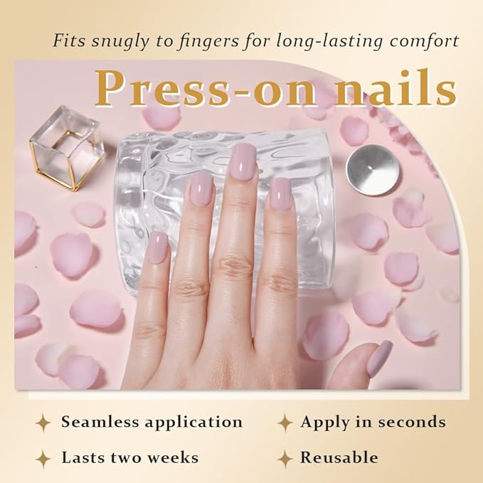 evpct Mauve Pink Glossy Press on Nails Short Square, Glossy Mauve Fake Nails Summer Reusable, Acrylic False Nail Stick Glue on Press ons for Women Gifts, Perfectly Fit False Nail Kit with Glue 30Pcs