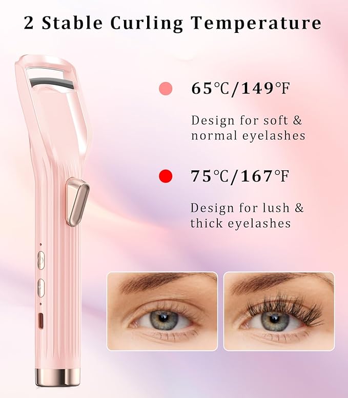 Heated Eyelash Curler Premium PRO - Fast Heat up in 8s - 24 Hours Long Lasting - Rechargeable Electric Eyelash Curler with Type-C, Innovative L Silicone, 2 Heat Modes, Anti-Burn Eyelid, Pink-DB