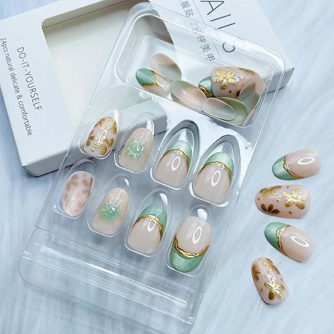 24Pcs Short Almond Press on Nails Green French Tip Fake Nails Chrome Line Leaves Designs Glossy Acrylic Nails 3D Gold Flower Nails Artificial Oval Almond Nail Tips False Nails Glue on Nails for Women