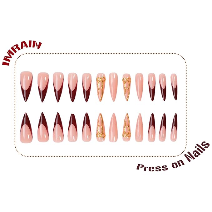 IMRAIN Press on Nails Long Stiletto Fake Nails Wine Red French Tips False Nails with 3D Golden Bow Designs Full Cover Glossy Glue on Nails Artificial Acrylic Nude Nail Press ons 24Pcs