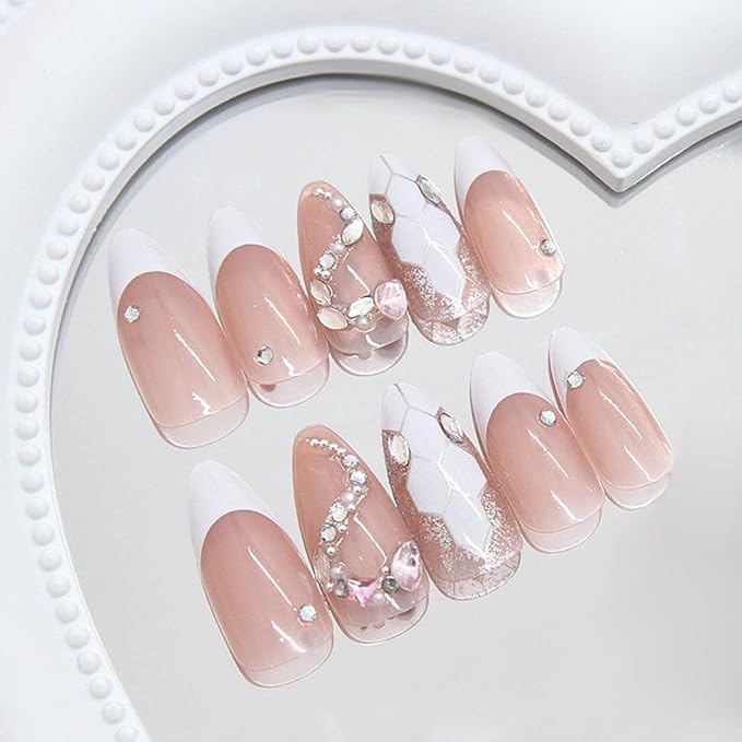 French Tip Press on Nails Medium Almond Fake Nails 3D Snake Rhinestones Design Nude Pink Acrylic Nails White French Nails Tip Glossy Glue on Nails Full Cover Artificial False Nails for Women 24Pcs