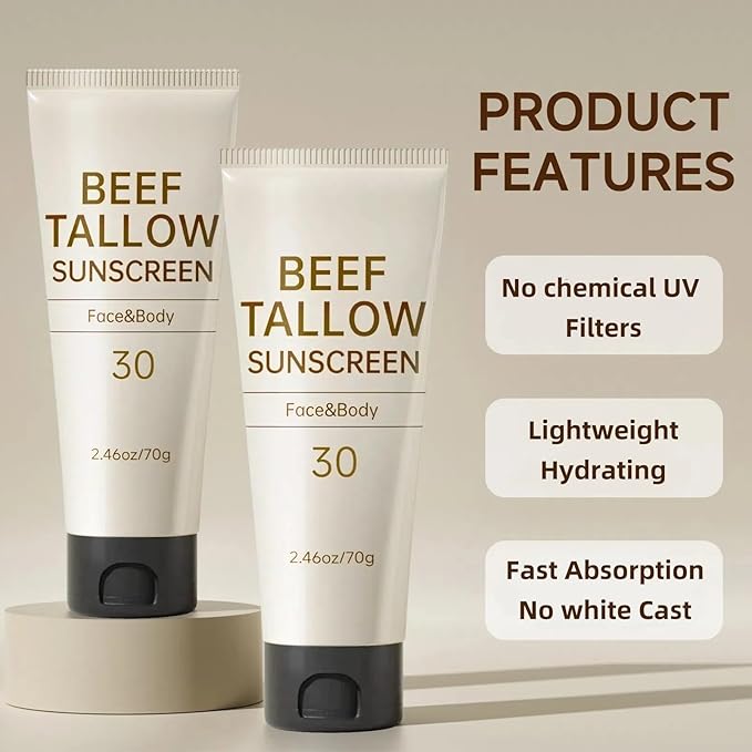 Tallow Sunscreen, Sunscreen for Face, SPF30 Natural Reef Safe Face Body Beef Tallow Sunblock, Non Greasy Clean Travel Sun Screen Sunblock for Outdoor Travel, 4.92 OZ,2 Pack