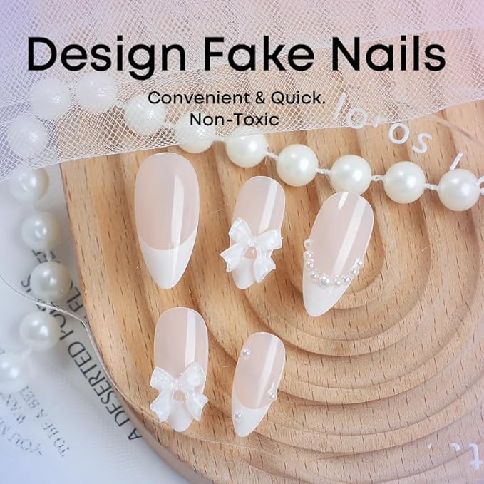 French Tip Press on Nails Medium Almond Fake Nails White Bow False Nails Glossy Pearl Acrylic Nails with Designs Bow Charm Artificial Nails Glue on Nails for Women Girls Manicure Art