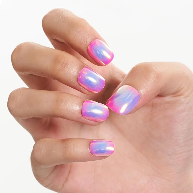 GLAMERMAID Extra Short Press on Nails 24PCS, Pink Blue Aurora Chrome Fall Gel Glue on Nails, Glossy Round Reusable UV Finish Fake Nails Acrylic False Nails Manicure Kits for Women