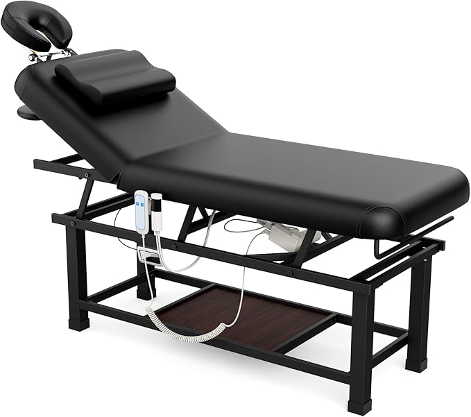 pouseayar Heating Function Heavy Duty Electric Stationary Massage Table with Backrest Adjustable and Storage Space for Treatment/Medical Spa/Facial/Beauty/Massage Bed - 30 x 75 - Black