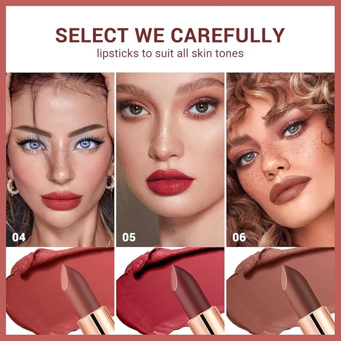 3Pcs Nude Rose Bright Red Warm Brown Lip Stick,Matte Cream Lipstick Set for Women,Long Lasting Waterproof Smudge Proof Velvet lipsticks Crayon,Lip Makeup Kit Travel Size,Vegan & Cruelty-free