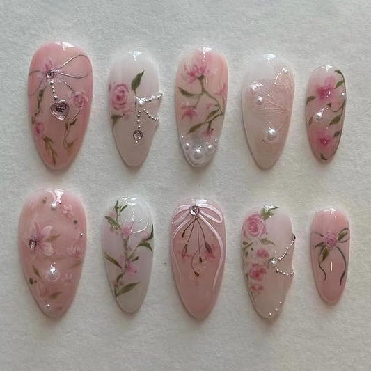Handmade 3D Pearl Bow Pink Press On Nails Medium Almond With Cute Charms, Bow Tie Pearl Pink Roes Folwer Designer Reusable Acrylic Fake Nails With Glue On Nails, Daily Wear Nails For Women