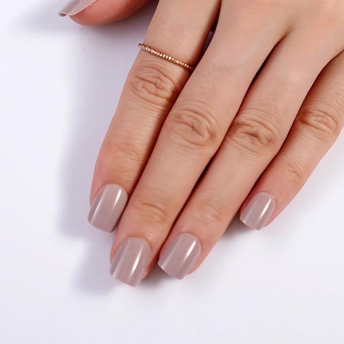 Caramel Beige Press On Nails Short, Glossy Soft Gel Press On Nails Square with Nail Glue, 15 Sizes - 30 Fake Nails Kit, Thick Natural Reusable Glue On Nails for Women, Silken Caramel