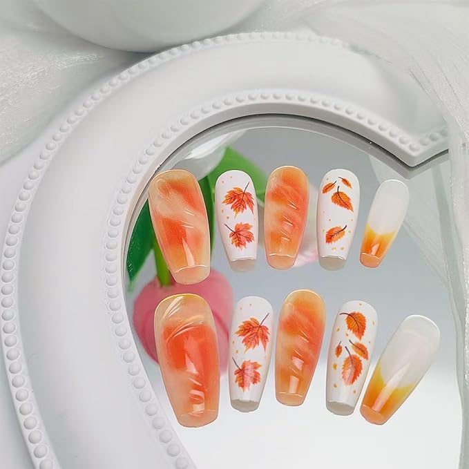 30Pcs Fall Press on Nails Medium Coffin Fake Nails with 3D Ripple Design Maple Leaf False Nail Orange French Tip Glue on Nails Thanksgiving Acrylic Nail Full Cover Stick on Nail for Women DIY