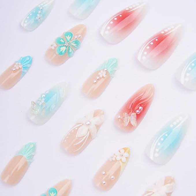 24Pcs Summer Press on Nails Medium Almond Fake Nails with Butterfly Pearl Designs 3D Starfish Stick on Nail Beach Waves False Nail Cute Flower Acrylic Nail Blue French Tip Glue on Nails for Women