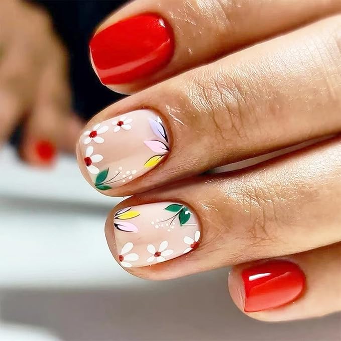24 Pcs Short Square Press on Nails Spring Fake Nails NEWSPIED Red Glossy Glue on Nails with Small Flower Leaf Full Cover Artificial Stick on Nails Cute Acrylic False Nails for Women Girls Manicure
