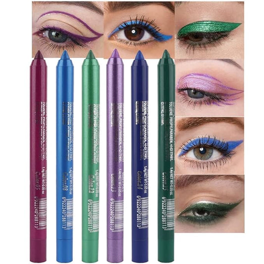 evpct 6Pcs Dark Light Royal Blue Emerald Green Purple Colored Glitter Eyeliner Pencils Set Women Waterproof
