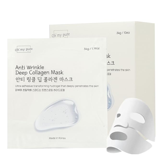 Collagen Hydrogel AntiWrinkle Deep Face Mask 4+1 EA Ultimate Hydration, Improves Skin Texture, Affordable Luxury, Glowing Skin, Reduces Fine Lines & Wrinkles, Made in Korea OHMYPURE (5, Deep Collagen)