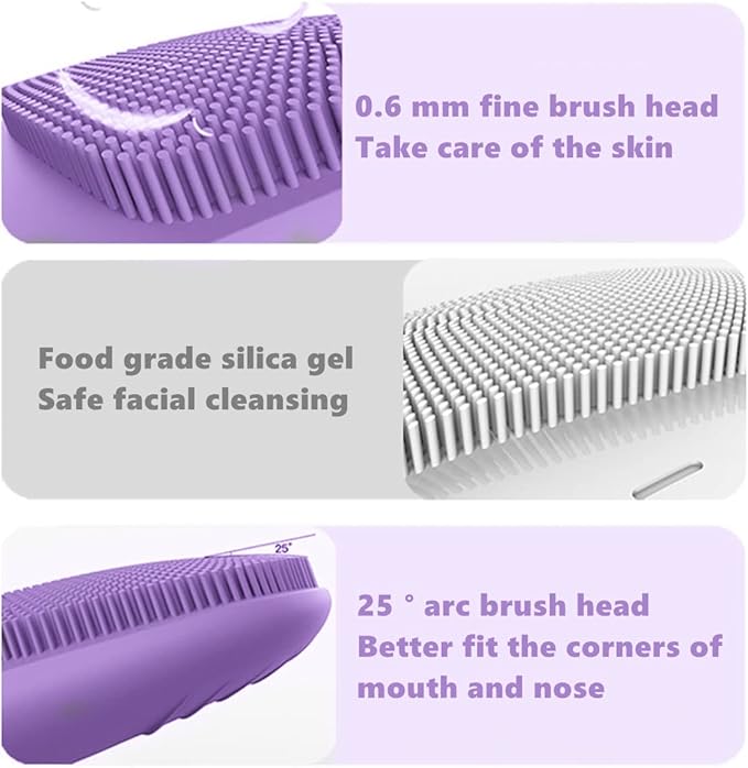 MEGAN Facial Cleansing Brush,USB Rechargeble Electric Silicone Face Scrubber,IPX7 Waterproof Sonic Facial Massager, 3 in 1 face Brush for Deep Cleanning, Blackhead Remover, Exfoliating. (Purple)