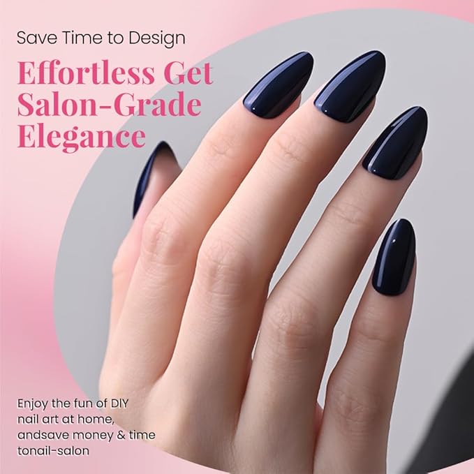 evpct Glossy Press on Nails Short Almond Short for Women, Dark Blue Fake Nail with Glue Salon Quality Reusable Stick on Nails In 15 Sizes 30Pcs Full Cover False Nail Soft Gel Set Kit for Gift, 26