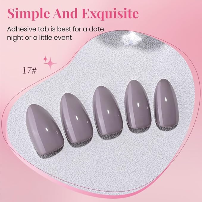 evpct Glossy Press on Nails Short Almond Short for Women, Taupe Grey Fake Nail with Glue Salon Quality Reusable Stick on Nails In 15 Sizes 30Pcs Full Cover False Nail Soft Gel Set Kit for Gift, 17