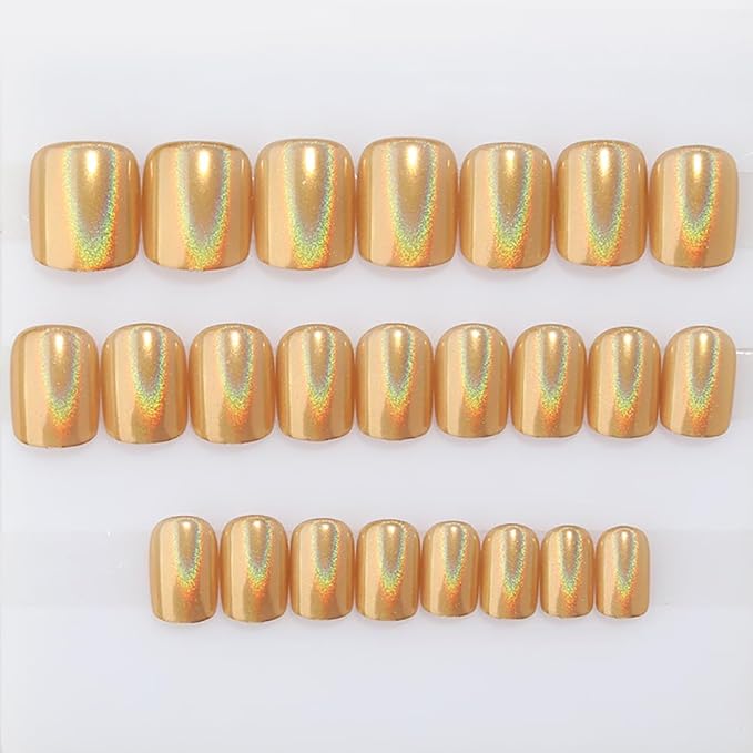 Gold Holographic Press On Nails, Short Chrome Glue On Nails for Women, Metallic Golden Fake Nails with Iridescent Glow, Press On Nails Short Square Shape, Color-Shifting Aurora Effect, 24 Pcs
