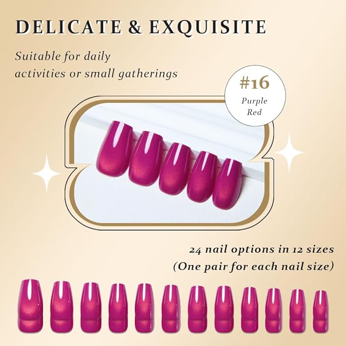 evpct Purple Red Cat Eye Coffin Press on Nails Square Medium, Medium Square Glue on Nail for Women, Purple Red Metallic Glitter Glossy Reusable Summer Soft Gel Press on Acrylic Fake Nail with Designs
