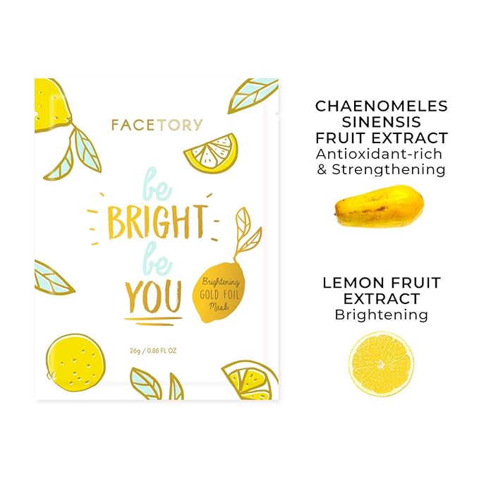 FACETORY K Beauty Face Mask Skin Care - BE BRIGHT BE YOU BRIGHTENING Sheet Mask with Gold Foil & Lemon Fruit | Glowing Gold Brightening Face Mask (1 Pack)