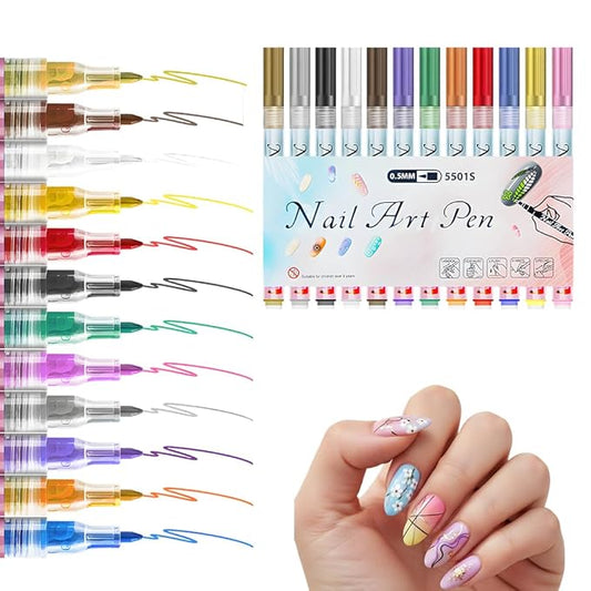 12 Colors Nail Art Pens Set, 2026 New Nail Art Pens for Painting Nails, Nail Art Markers Doodle Pen, Nail Art Tools for Dotting Drawing Painting Point Liner DIY, Quick Dry (1 Set, 0.5mm)