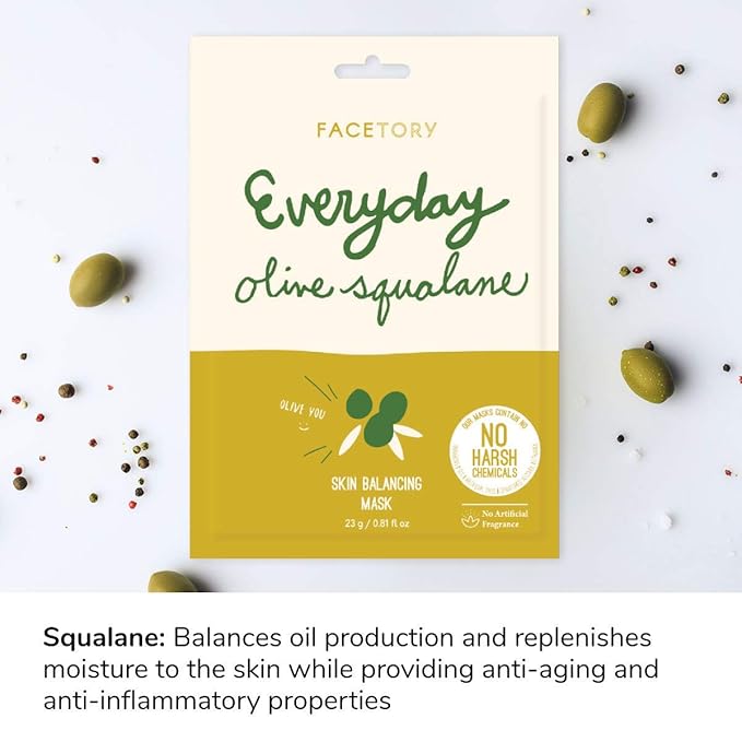FACETORY K Beauty Face Mask Skin Care - Everyday OLIVE Skin Balancing Sheet Mask | Plant-Based with Squalane Oil (5 Pack)