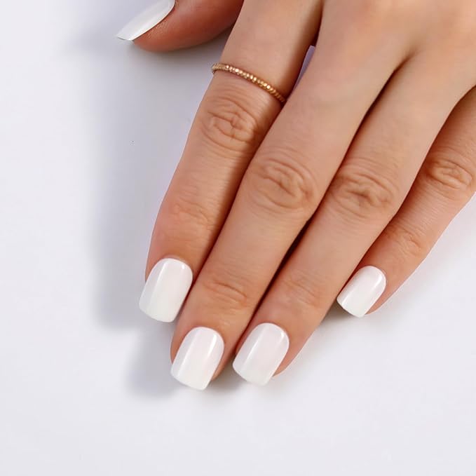Milky White Press On Nails Short, Glossy Soft Gel Press On Nails Square with Nail Glue, 15 Sizes - 30 Fake Nails Kit, Thick Natural Reusable Glue On Nails for Women, White Mirage