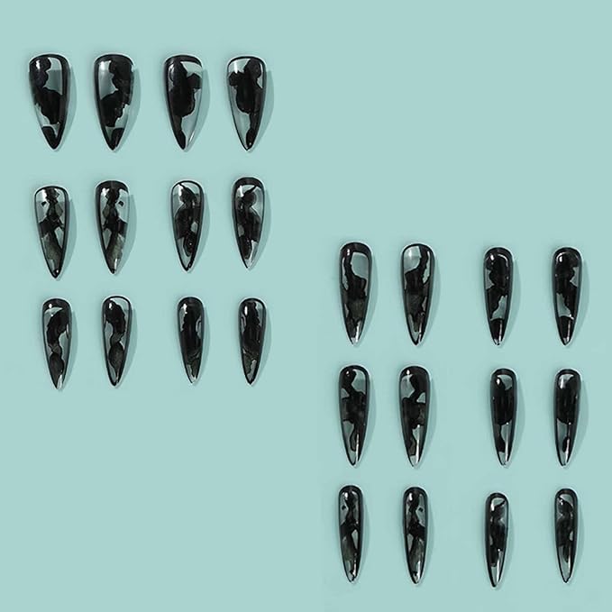 IMRAIN Black French Press-on Nails Long Stiletto Fake Nails Ink Ombre Glossy Glue-on Full Cover Artificial Clear Almond Stick-on for Women 24Pcs Decor Kit
