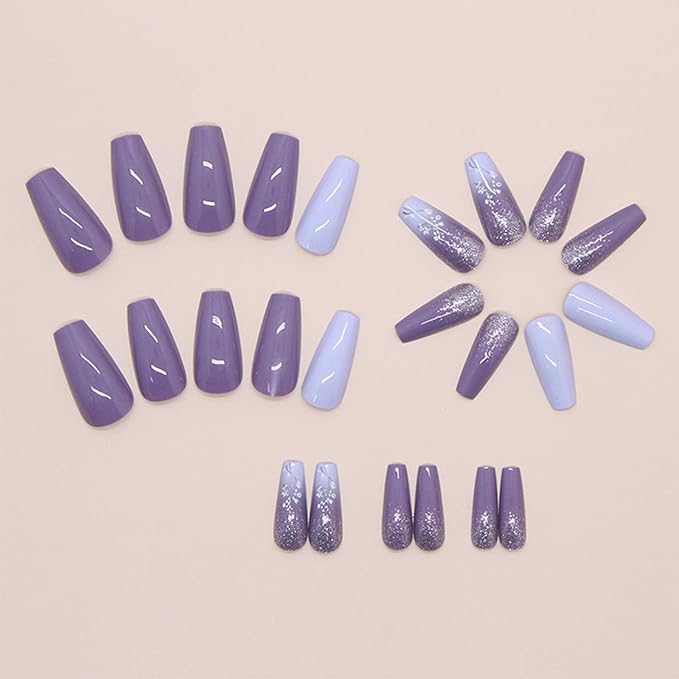 Medium Coffin Acrylic Full Cover False Nails Purple Flower Press on Nails Blue Gradient Stick on Nails Glossy Silver Glitter Fake Nails 24Pcs Wild Flowers Gel Glue on Nails for Coquette Women Girls