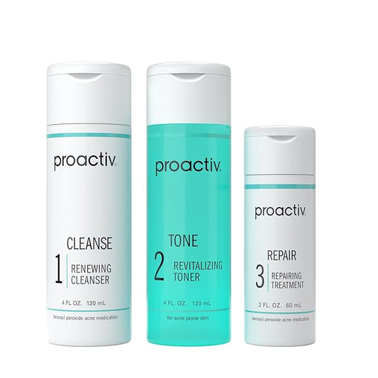 Proactiv 3 Step Acne Treatment - Benzoyl Peroxide Face Wash, Repairing Acne Spot Treatment for Face And Body, Exfoliating Toner - 60 Day Complete Acne Skin Care Kit