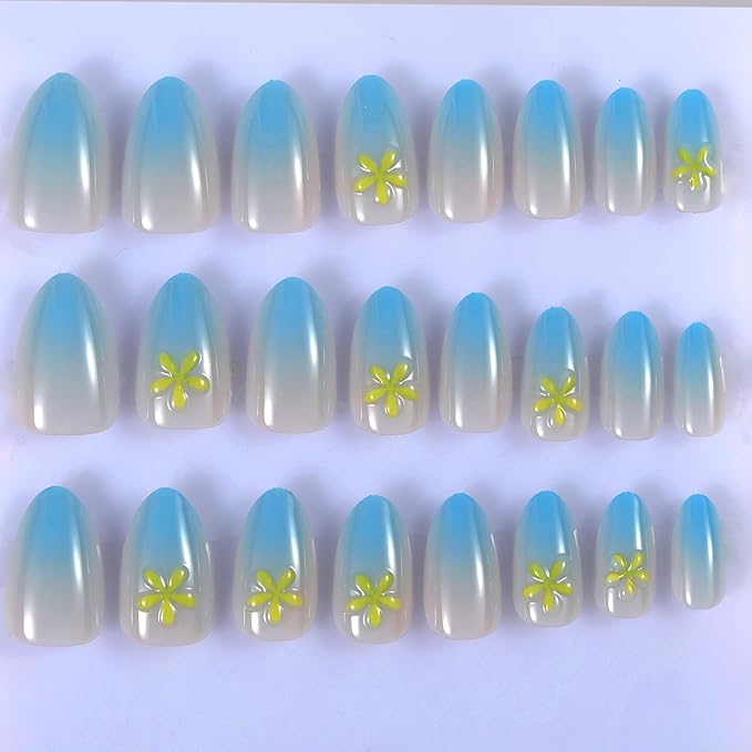 Blue Ombre Press On Nails Short Almond, Fall Fake Nails with Blue French Tip and 3D Daisy Flower Design, Glossy Gel Finish Acrylic Nails, Reusable Glue On Nails Kit for Women, 24 Pcs, Daisy Skies