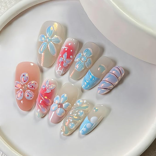 30Pcs Medium Almond French Tip Fake Nails with 3D Flowers, Butterflies, Rhinestones & Glitter Design - Full Cover Pink Gradient Acrylic Nails - 24pcs Summer Press On Nails Set