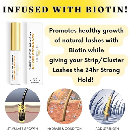 2 in 1 Clear Lash Glue with Lash Growth BIOTIN; Sensitive Eyes; Strong Hold Easy Brush On for False Eyelash Extensions, Strip Lashes, Mink, Wispy, Latex Free, No Parabens; Waterproof