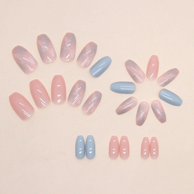 Coffin Press on Nails Short Fake Nails with Marble Designs Blue Nails Press ons Glossy Glue on Nails Daily Wear Simple Acrylic Nails Pink False Nails Spring Summer Stick on Nails for Women 24Pcs