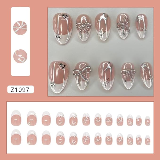 24 Pcs White French Tip Press On Nails Short Almond Fake Nails With Bow Sparkling Diamond Designs Cute False Nails Artificial Glossy Full Cover Stick On Nails for Women and Girls Acrylic Manicure