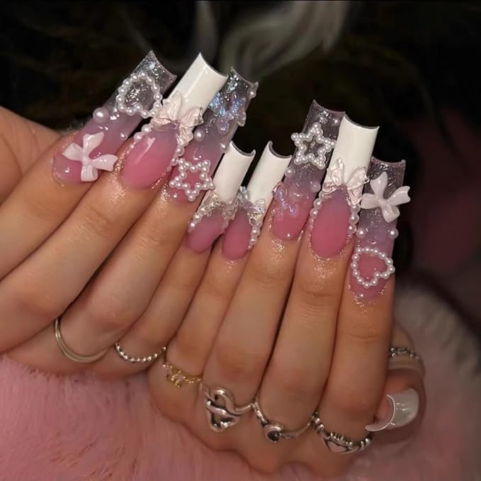Square Press on Nails Long Fake Nails French False Nails Pink Cute Nails with Heart 3D Bow Designs Glossy Artificial Nails Stick on Nails for Women 24pcs