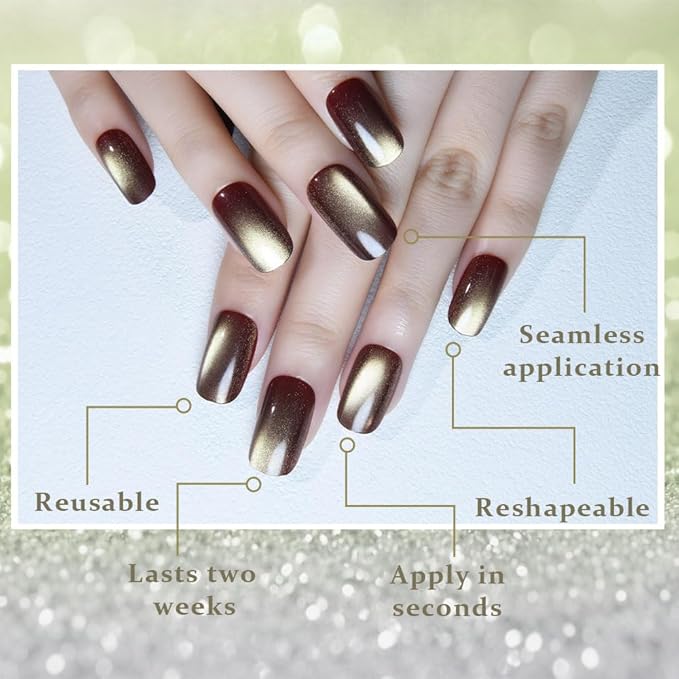 Khaki Reflective Cat Eye Press on Nails Medium Square, Medium Square Press Glue on Nails Chrome for Women, Khaki Holographic Glitter Glossy Reusable Gel Acrylic Fake Nail with Designs Cateye Effect