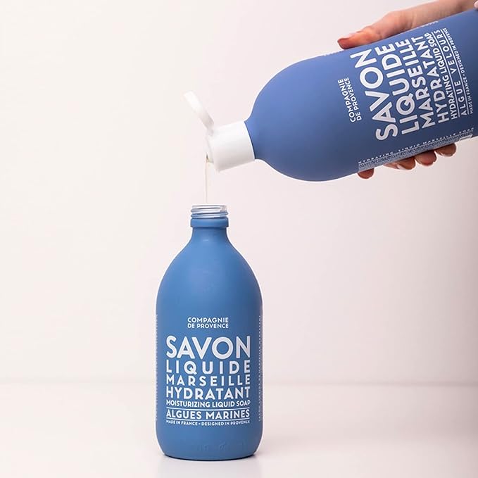 Compagnie de Provence Savon de Marseille Extra Pure Liquid Soap - Velvet Seaweed - 16.7 Fl Oz Glass Pump Bottle and 33.8 fl oz Plastic Bottle Refill