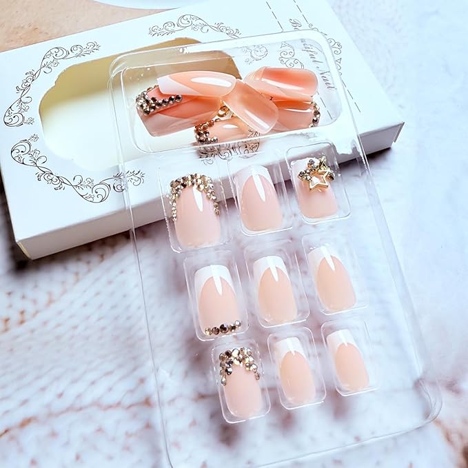 French Tip Press on Nails Short Square Fake Nails with 3D Rhinestone Designs Glossy Pink False Nails Gold Charms Acrylic Nails Press on Artificial Nail Tips Full Cover Glue on Nails for Women 24Pcs