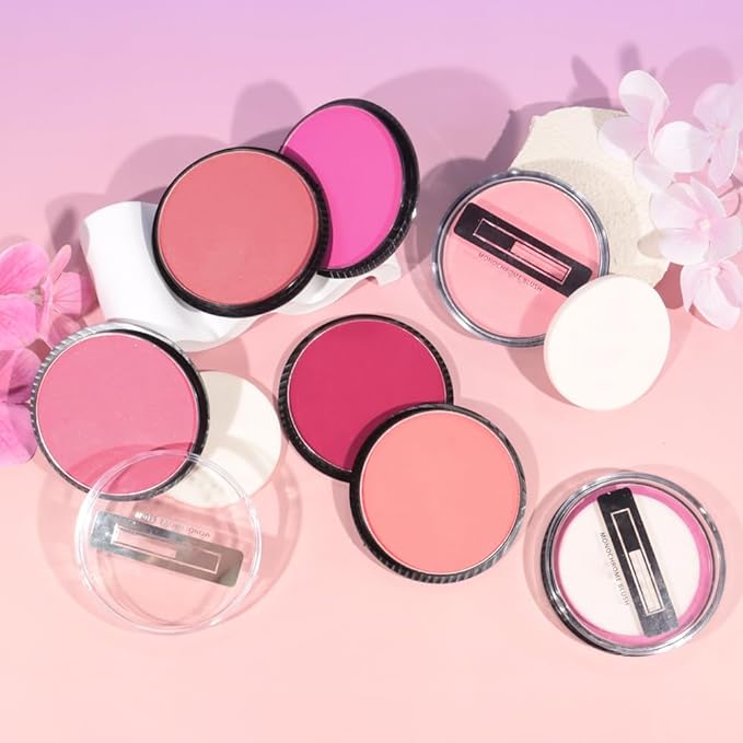 Natural Single Matte for Face Cheeks Blush with Makeup Powder Puff, Rose Pink Monochrome Blush Cream Powder Makeup Palette Blushes Long-lasting Color Blendable Foundation for Women Every Day 01