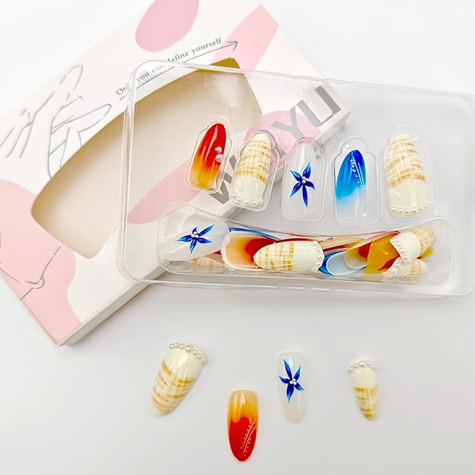 24Pcs Summer Press on Nails Medium Almond Fake Nails Hawaii Flower Seashell Pearl Designs Full Cover Glue on Nails Artificial Beach Nails French Tip False Nails for Women Girls Acrylic Manicure DIY