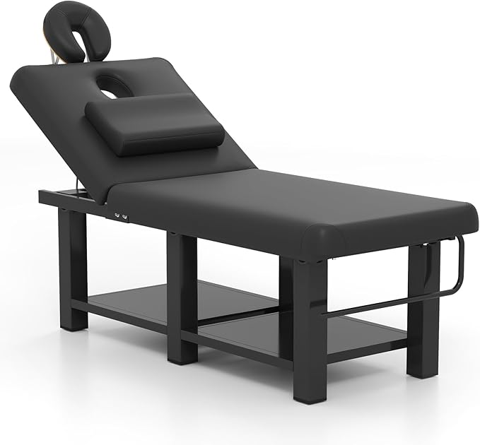 Heavy Duty Wide Stationary Massage Table Metal Frame PU Leather Spa Facial Professional Adjustable Massage Bed with Open-Chest & Headrest for Treatment Physical Therapy Tatoo Salon Equipment