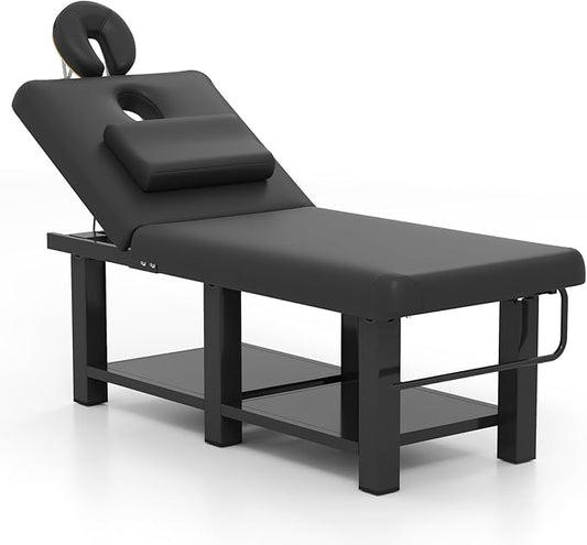 Heavy Duty Wide Stationary Massage Table Metal Frame PU Leather Spa Facial Professional Adjustable Massage Bed with Open-Chest & Headrest for Treatment Physical Therapy Tatoo Salon Equipment