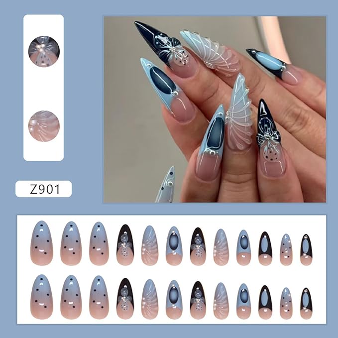 Flower Press on Nails Long Almond Fake Nails French Tips False Nails Blue Polka Dots 3D Floral Design Pearl Water Ripple Glue on Nails Full Cover Reusable Stick on Nail for Women Decor Nail