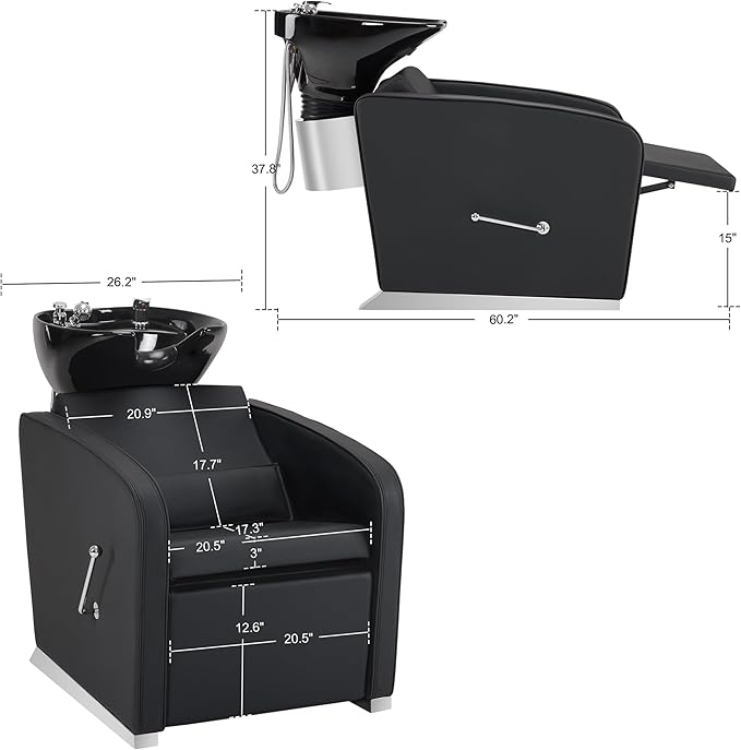 BarberPub Backwash Shampoo Station Chair, Adjustable Porcelain Ceramic Hair Wash Bowl Sink Unit Station, Reclining Shampoo Station Chair for Spa Beauty Salon Hair Salon Equipment 9303 (Black)
